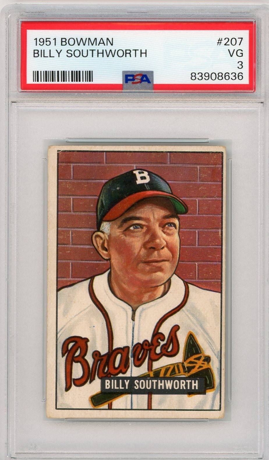 1951 Bowman #207 Billy Southworth PSA 3 VG Vintage Boston Braves Manager