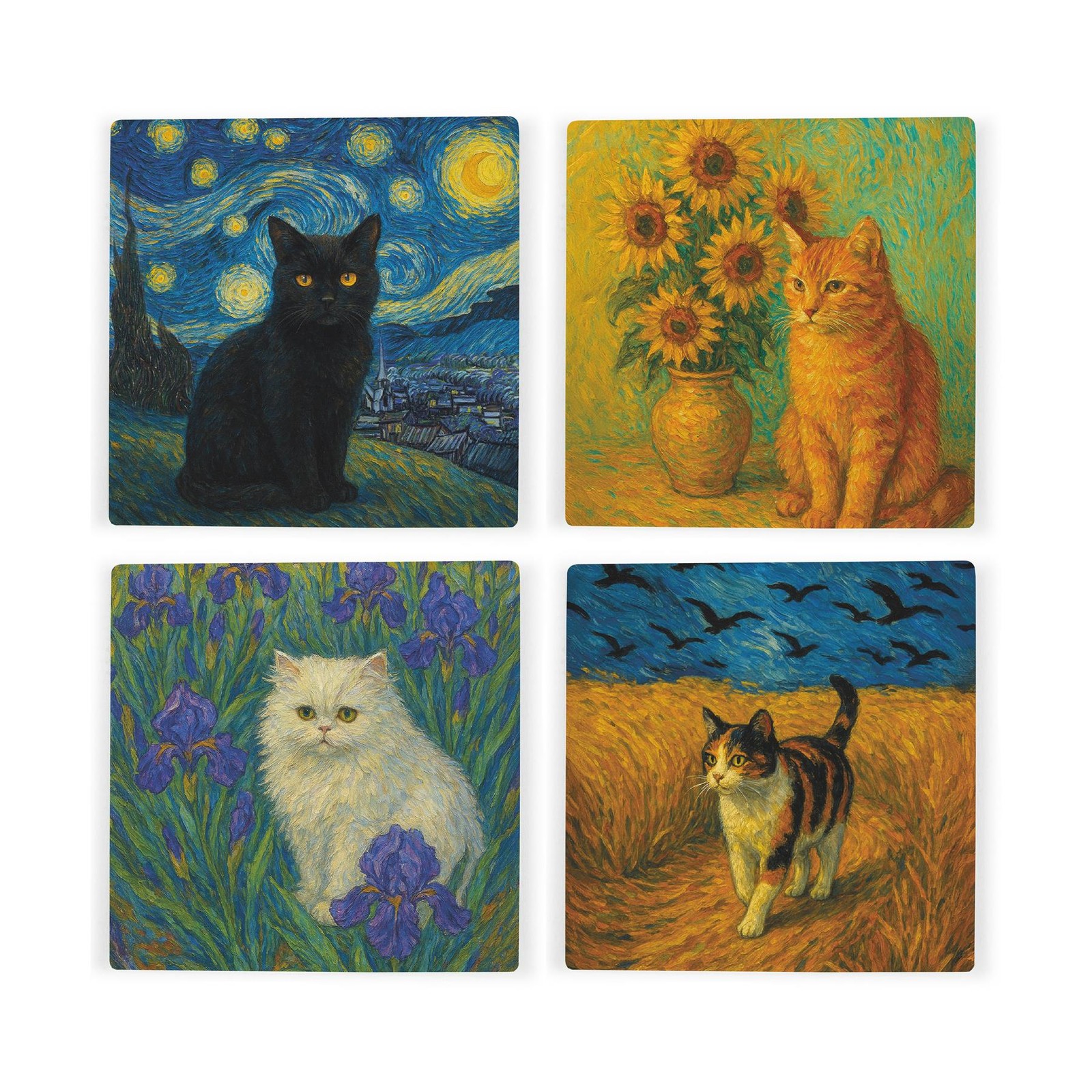 Van Gogh Cats Ceramic Coasters - Novelty Gift for Cat Lovers - Mixed Set of 4