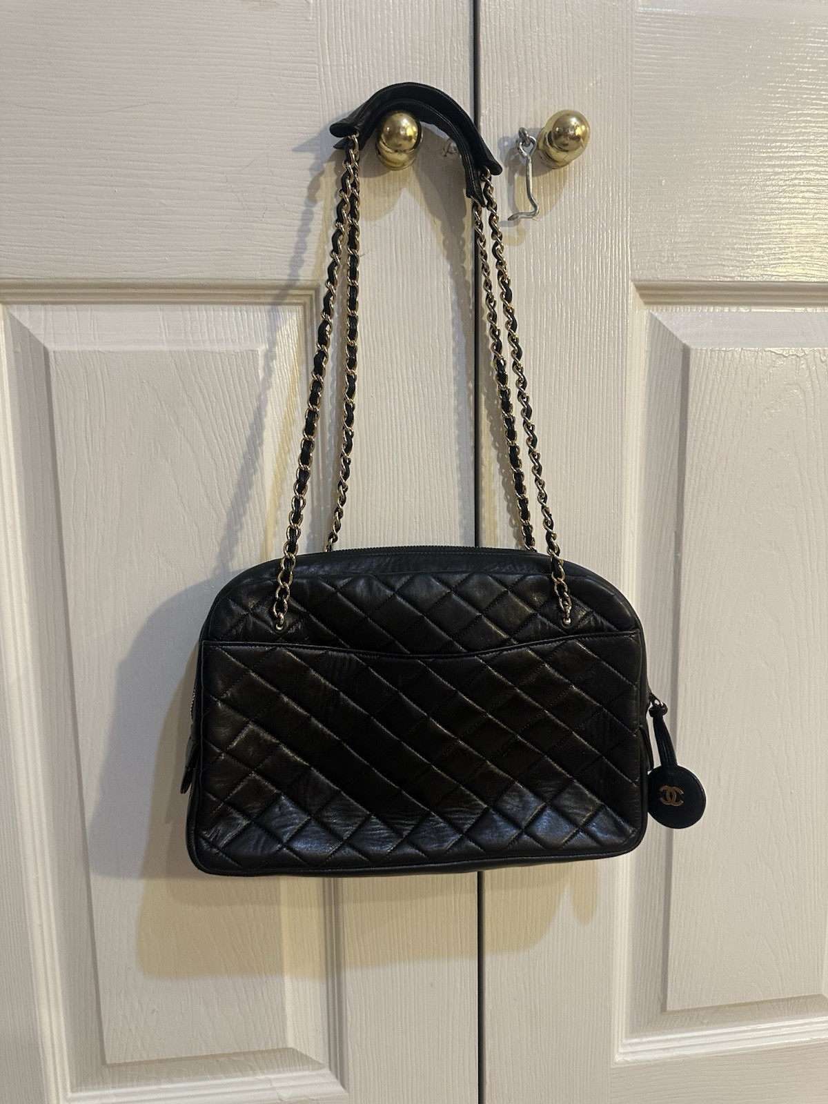 Vintage Chanel Lambskin Camera Bag Double Strap Black Quilted Camera Bag