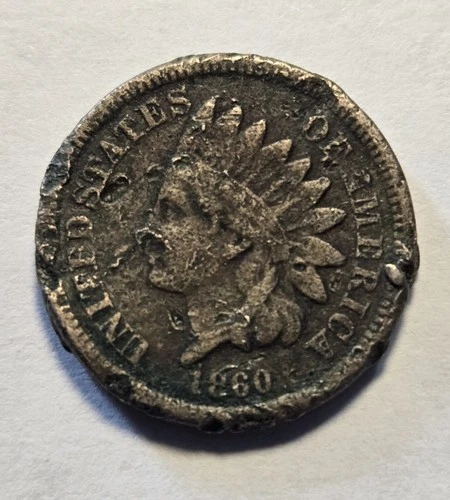1860 Indian Head Cent 1c Penny, Very Good VG Details, Damaged - Exact Coin Shown