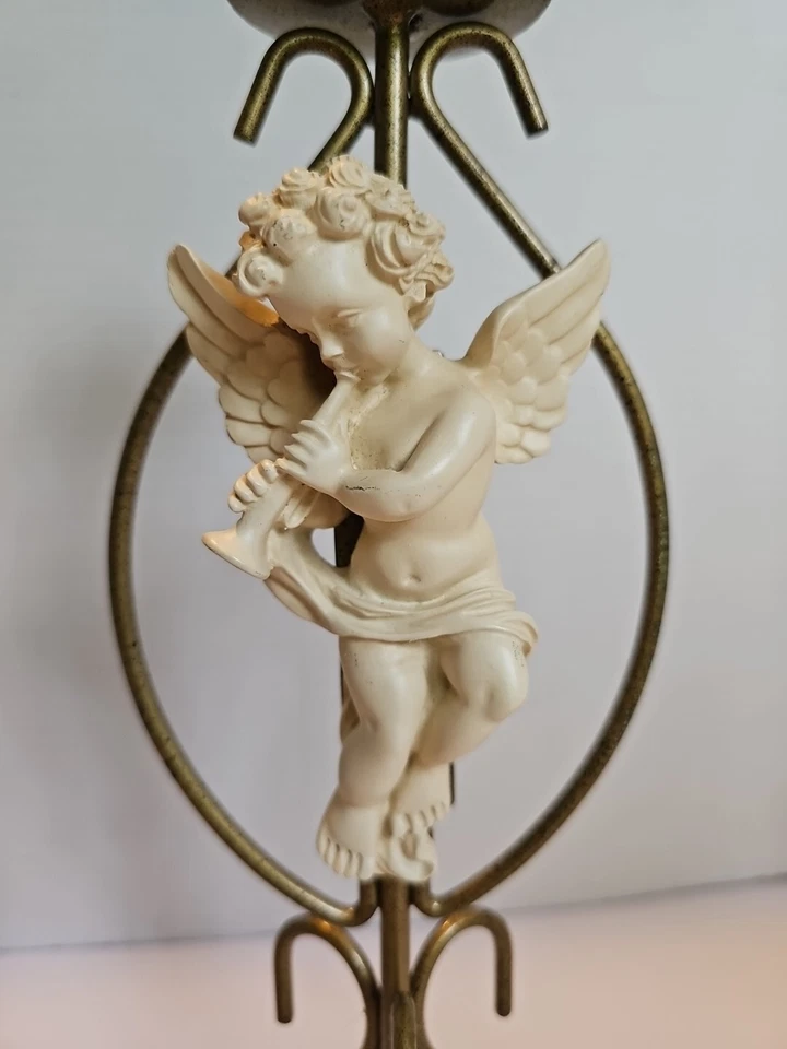 2 candelabros cónicos de metal de inspiración vintage de resina blanca querubín ángel 11" Foto 3 de 4