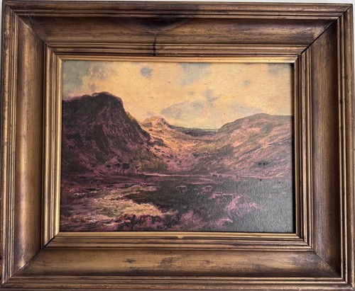 Antique oil painting on board Cattles herd in Highlands sunset framed