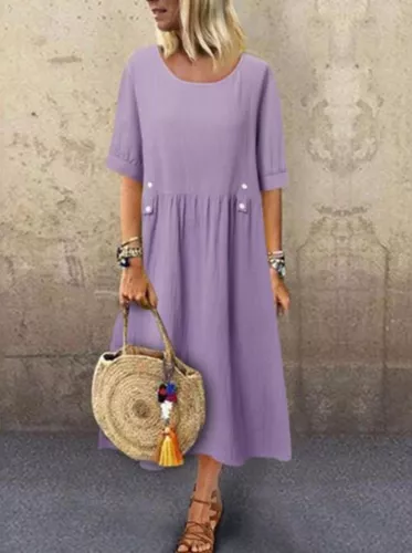 2023 kurzärmeliges Damenkleid aus Baumwolle Leinen Sommerkleider Midi Maxi Boho Freizeitkleid - Bild 6 von 18