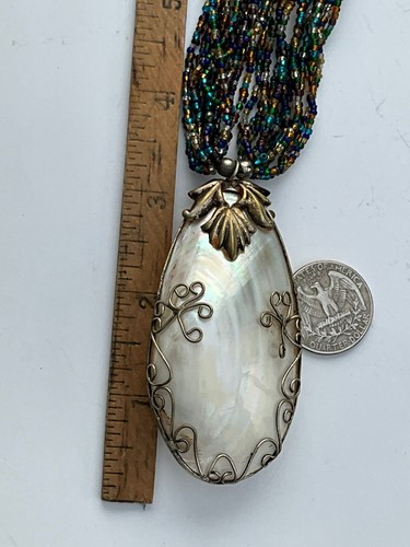 Vintage Seed Bead, Multi Strand, Large Mother Of Pearl Shell Statement Necklace - Picture 2 of 9