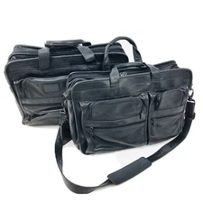 2x Tumi Black Leather 16” + 17” Expandable Padded Laptop Carry On Weekender Bags