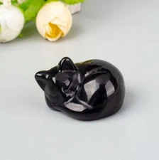 Carved Gemstone crystal sleeping cat figurine animal carving home decor 1.5''