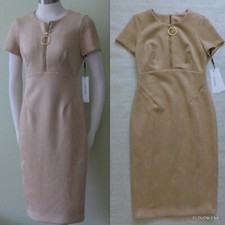 CALVIN KLEIN Size 4 Faux Suede Front Zipper Logo pull Short Sleeve Dress CAMEL