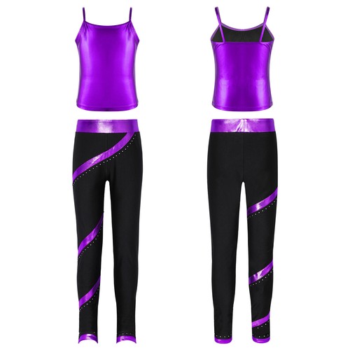 Kids Girls Outfit Spaghetti Straps Sets Sport Suit Shiny Sweatsuits Top Pants - Picture 22 of 49