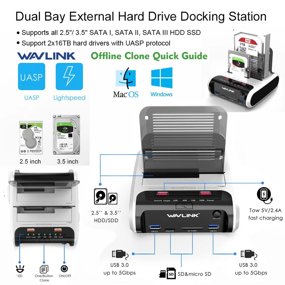 USB 3.0 a SATA 2.5" 3.5" SSD HDD Disco Duro Estación de Acoplamiento Lector de Tarjetas SD Hub Foto 2 de 4