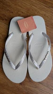 Havaianas Slim Sparkle Silver White Flip Flops Glitter Slim Straps ALL SIZES