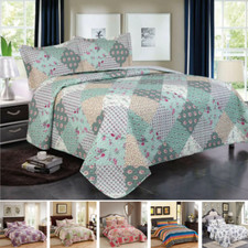 3 Piece Queen King Quilt Bedspread Set Floral Patchwork Reversible Bed Coverlet