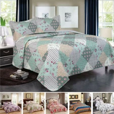 3 Piece Queen King Quilt Bedspread Set Floral Patchwork Reversible Bed Coverlet