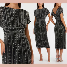 NWT $498 Mac Duggal [ 8 ] 93649 Beaded Cap Sleeve Column Midi Dress Black J1075