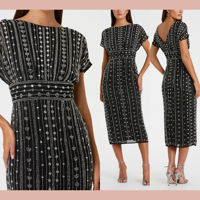 NWT $498 Mac Duggal [ 8 ] 93649 Beaded Cap Sleeve Column Midi Dress Black  J1075 | eBay