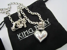 Fabulous King Queen Baby Sterling Silver Crown Heart 116.2 Gram Toggle Necklace