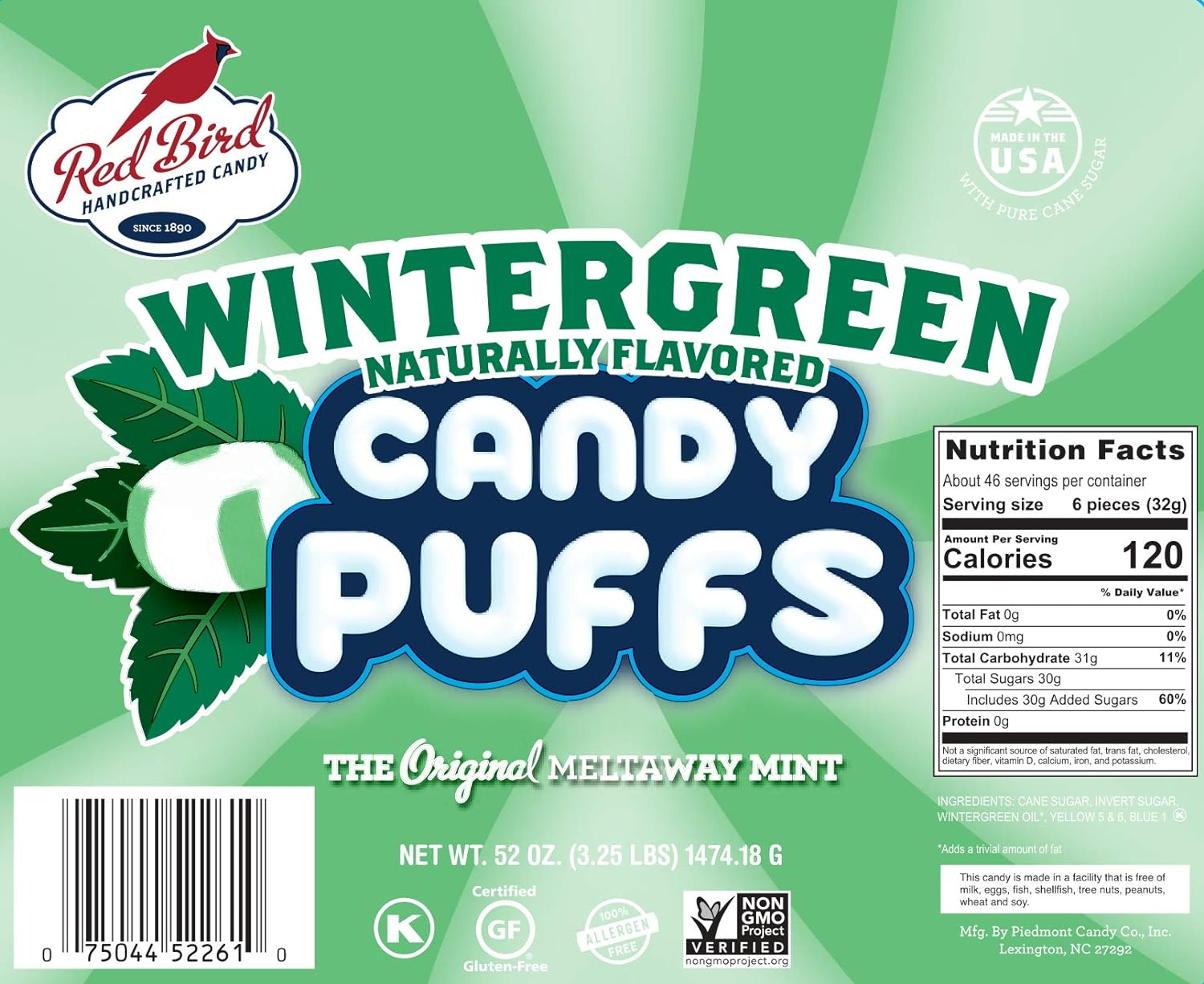 Red Bird Soft Wintergreen Mint Puffs, Individually Wrapped, Gluten Free