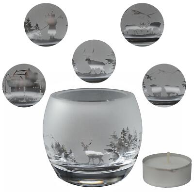 Glass Tealight Holder Scottish Scene Sandblast Candle Ornament Gift Boxed Animo