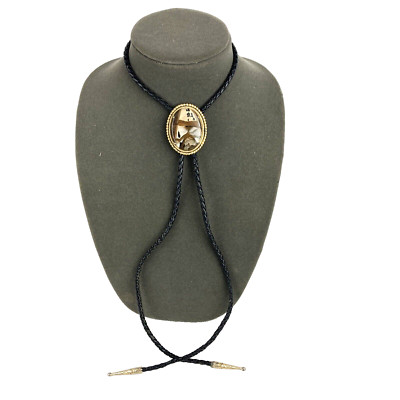 Agate Cabochon Oval Gold Tone Bolo Tie Black Cord Southwestern - 20 1/2''