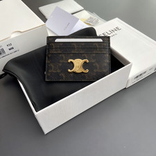 CELINE Porta Carte Stampa Monogramma Marrone con Logo TRIOMPHE Oro, 11x8cm
