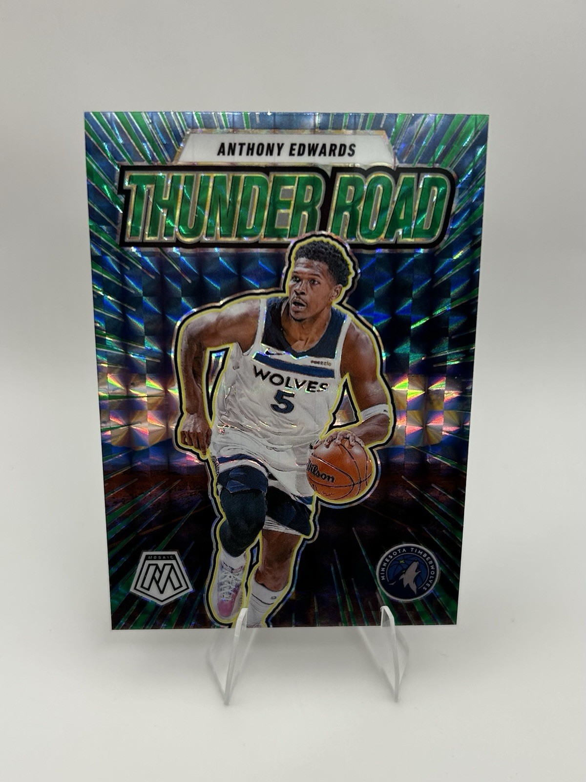 2024-25 Panini Mosaic - Thunder Road Anthony Edwards #4 Green Mosaic Prizm 