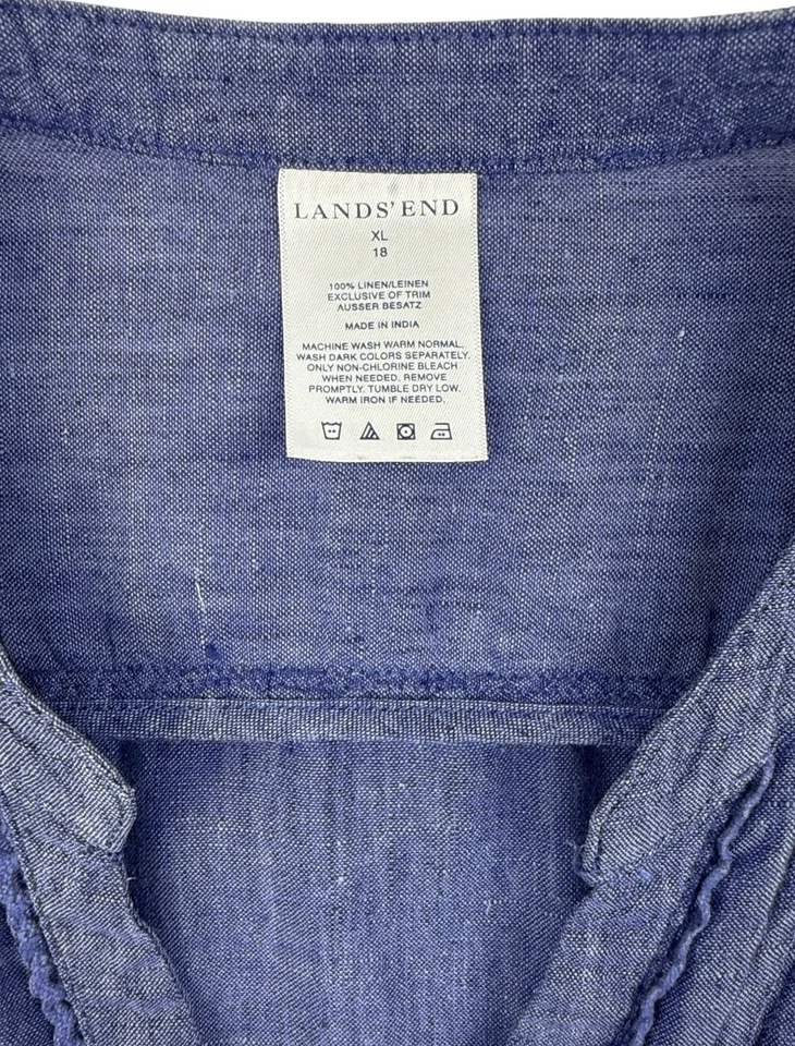 Camisa Lands End Chambray Botão 100% Linho Azul Costeiro Pintucking Feminina Extra Grande - Imagem 2 de 4