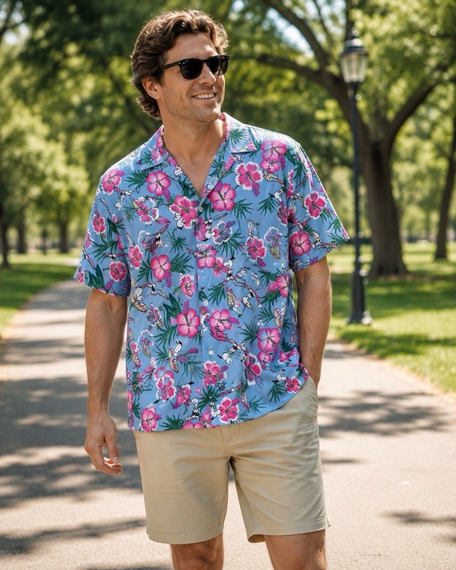 Peanuts Men's 2XL Rayon Woven Hawaiian Tropical Floral Snoopy Button-Up Blue