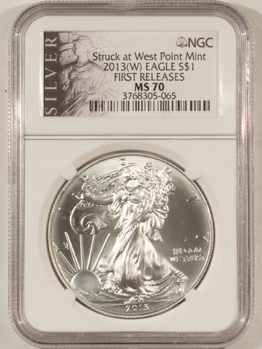 2013(W) $1 AMERICAN SILVER EAGLE, 1 OZ .999 - NGC MS-70, 1ST RELEASE, WEST POINT