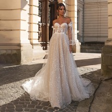 Elegant Sweetheart Puff Sleeves A-Line WeddingDresses Backless Glitter Dot Tulle
