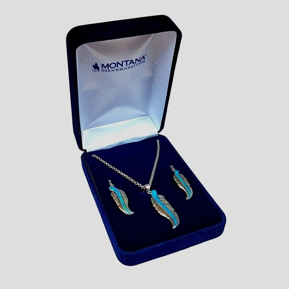 Montana Plateros Turquesa Ópalo Pluma Cuentacuentos Conjunto de Joyería Minorista $110 Foto 2 de 4
