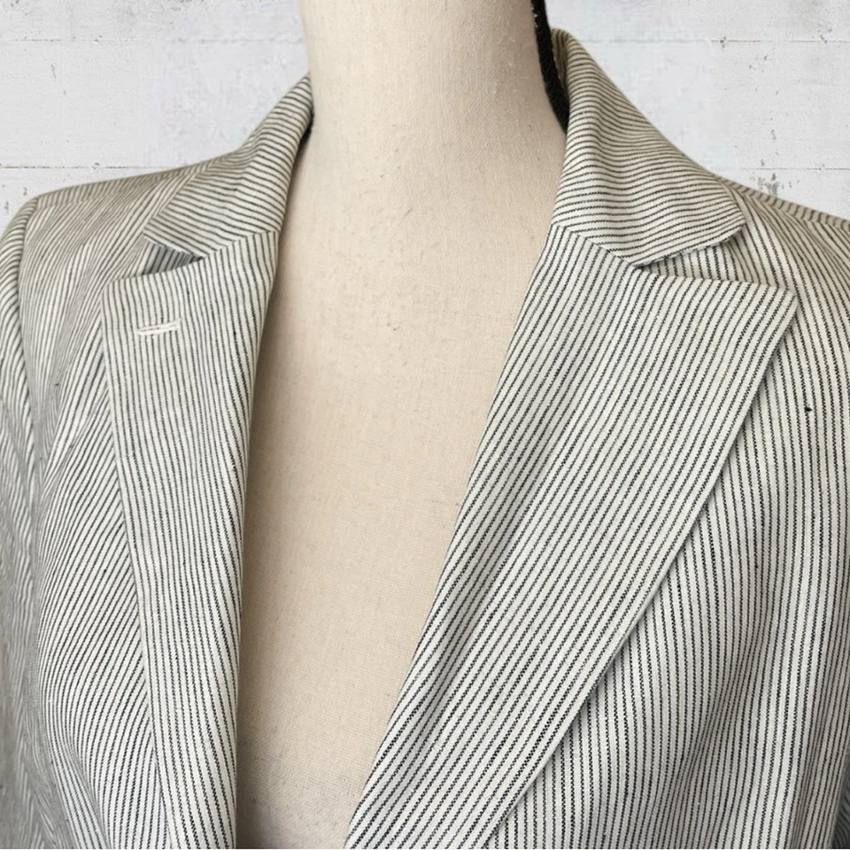 Max Studio 100% Linen Striped Blazer Off White Blue Size 12 Coastal Nautical - Image 3 of 4