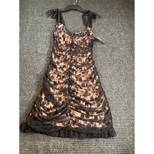 Lulus Black Lace Ruched Tie Strap Bodycon Dress Nude Lining STD910014 Womens L