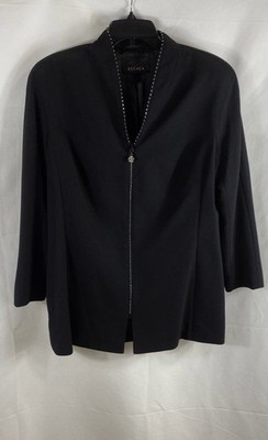 Vintage 90s Escada Women's Black Wool Crystal Embellished Zip Blazer Sz 44