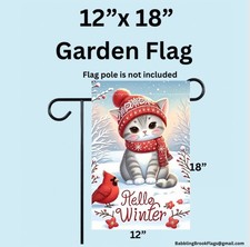 Garden Flag, 12  x18  , Hello Winter Kitten, Burlap Polyester Doublesided