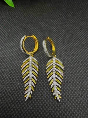 2Ct Round Real Moissanite Feather Drop Dangle Earrings 14K Yellow Gold Plated