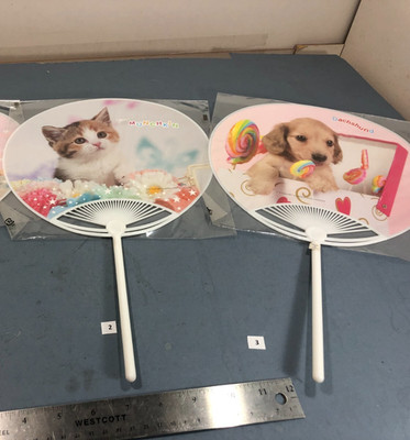 2 each Japanese made cute puppies & kitten handheld plastic fans, new,