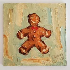 Original Christmas Gingerbread Man Painting Oil Art Abstract Modern Wall Artwork
