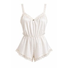 Vintage Van Raalte Ivory Lace Trim Teddy Romper Satin USA Size L retro