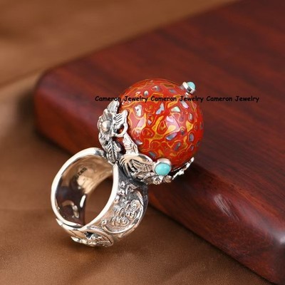 Pure S925 Sterling Silver Peony Ring Lacquer Bead Turquoise Open Ring Us:8-11