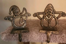 Christmas Santa Claus and Snowman Stocking Holders Fireplace  Brass?