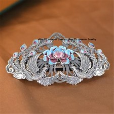 Pure 925 Silver Phoenix Peony Enamel Filigree Hair Barrette Chinese Style Clip