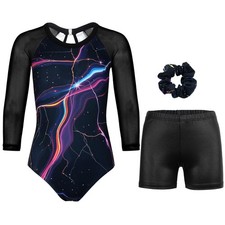 Gymnastics Leotards for Girls With Shorts Sparkly Ballet Dance Long Mesh Slee...