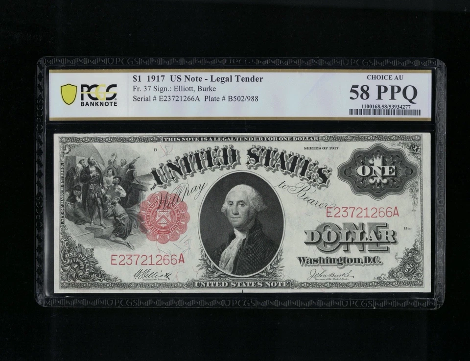 SC 1917 $1 Fr.37 Legal Tender Red Seal “Sawhorse” PCGS 58 PPQ Choice AU (266A) - Image 2 of 4
