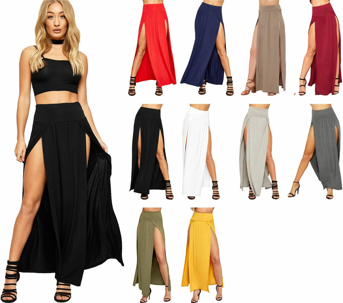 Women's Double Split Maxi Skirt Ladies Plain Basic Stretch Side Slit Long  Skirts