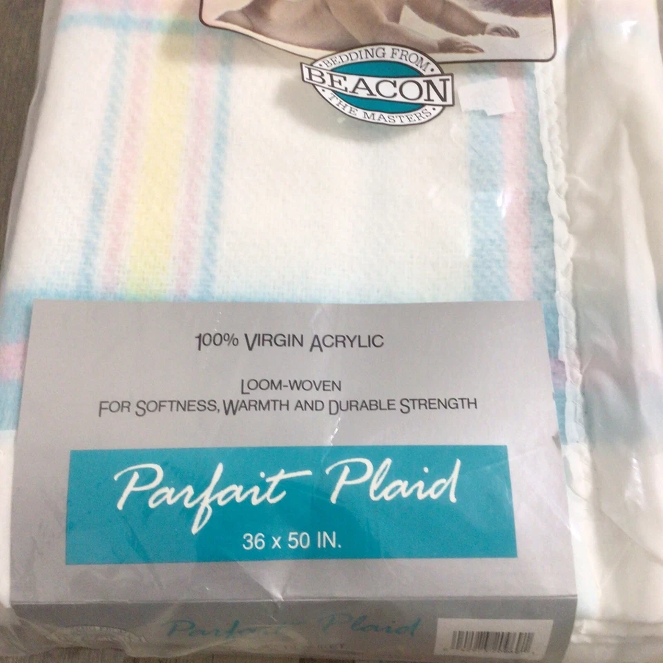 Manta de cuna tejida vintage BEACON Parfait telar a cuadros acrílico virgen 36x50 NUEVA Foto 2 de 4