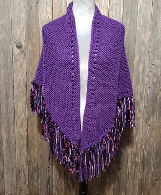 NEW Purple Hand Knitted Knit Triangle Shawl Wrap Boho Hippie Fringed Shrug