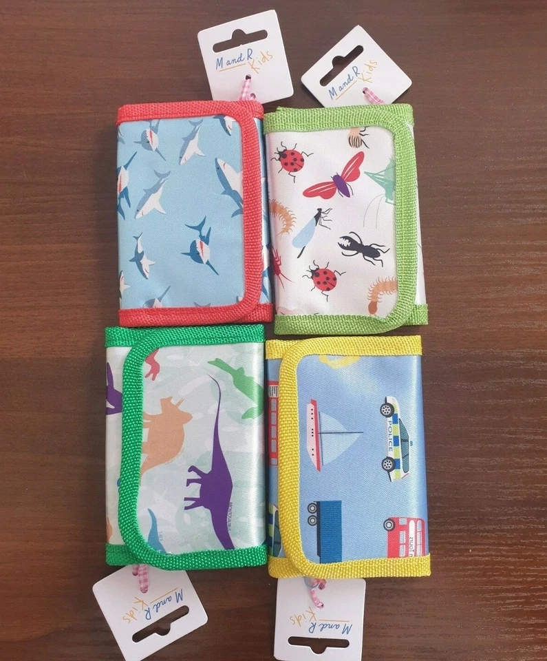 Tri Fold Zip Wallet Childrens Boys Kids Small Police Firetruck Dinosaurs Sharks