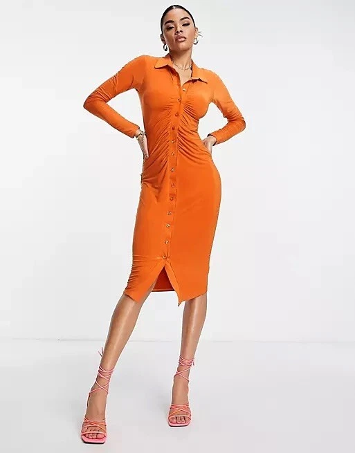 Missy Empire midi ruched front shirt dress in Orange Size 8 | eBay