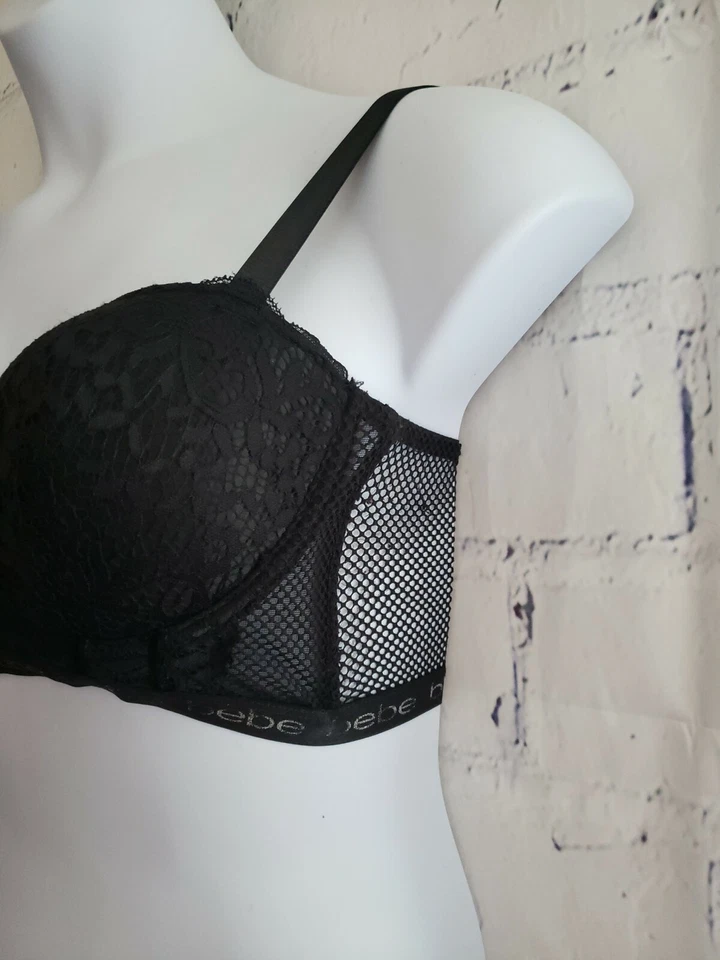 Bebe Intimates Padded Push Up Bra Black Lace Fishnet size 38C Demi Cup Adj strap - Image 4 of 4