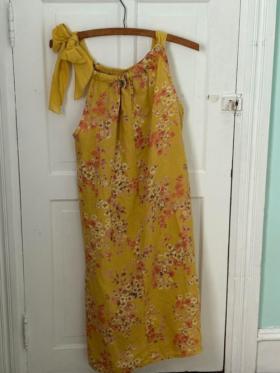 Bellambra Bow Dress Women's XS 100% Linen Mustard Yellow Pink Floral Boho