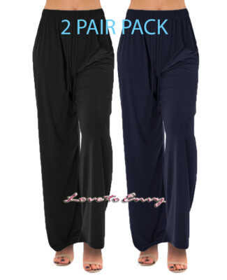 Damen Palazzos weites Bein Freizeit Übergröße 2 Paar Stretch Gummizug Hosen 